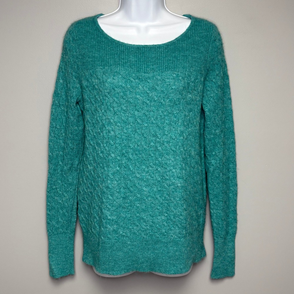 LOFT Lightweight Cozy Stretch Cable Knit Preppy Boat Neck Teal Green Sweater S